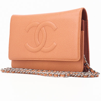 CHANEL Shoulder Bag Chain Wallet Caviar Skin Salmon Orange Silver-Tone Hardware Pre-Owned - Vintage La Charme
