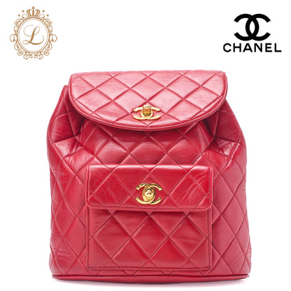 CHANEL Shoulder Backpack Bag Matelasse Outside Flap Turn Lock Lambskin Red Gold-Tone Hardware Pre-Owned - Vintage La Charme