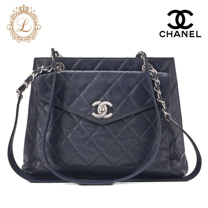 CHANEL Shoulder Bag, Matelasse, Caviar Skin, Navy, Silver-Tone Hardware, Pre-Owned - Vintage La Charme
