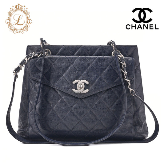 CHANEL Shoulder Bag, Matelasse, Caviar Skin, Navy, Silver-Tone Hardware, Pre-Owned - Vintage La Charme