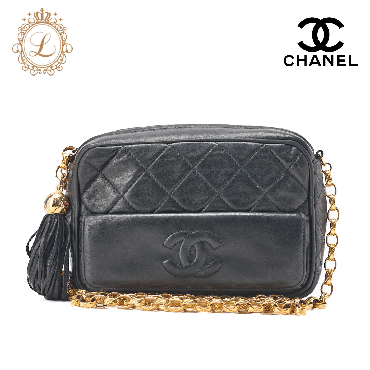 CHANEL Shoulder Bag Matelasse Coco Mark With Fringe Bijou Chain Lambskin Black Gold-Tone Hardware Pre-Owned - Vintage La Charme