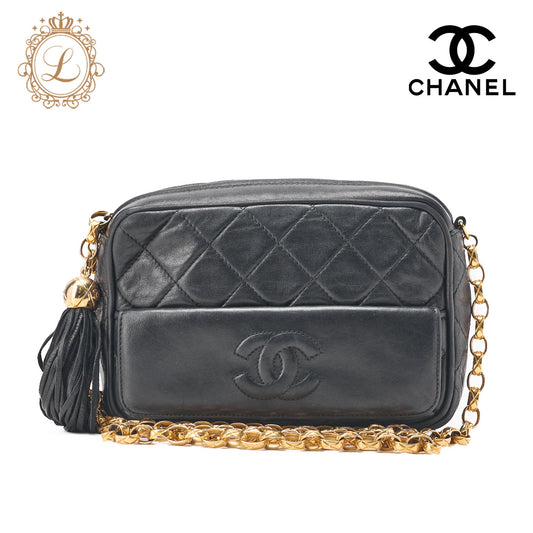 CHANEL Shoulder Bag Matelasse Coco Mark With Fringe Bijou Chain Lambskin Black Gold-Tone Hardware Pre-Owned - Vintage La Charme