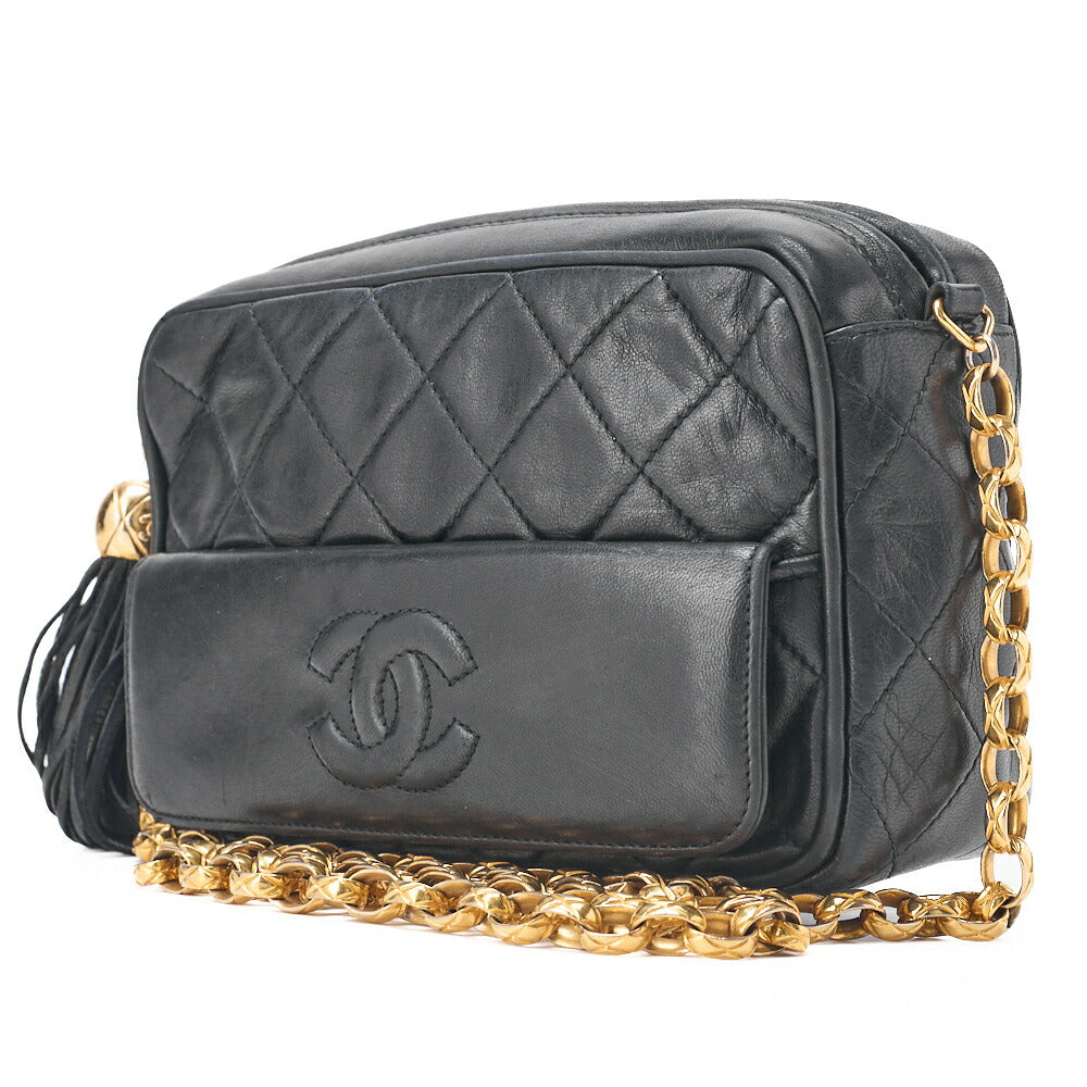 CHANEL Shoulder Bag Matelasse Coco Mark With Fringe Bijou Chain Lambskin Black Gold-Tone Hardware Pre-Owned - Vintage La Charme