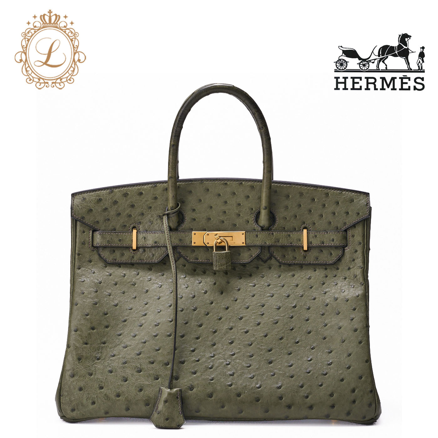 HERMES Birkin 35 Handbag Ostrich Riken Lichen Gold-Tone Hardware Pre-Owned - Vintage La Charme