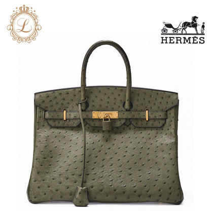 HERMES Birkin 35 Handbag Ostrich Riken Lichen Gold-Tone Hardware Pre-Owned - Vintage La Charme