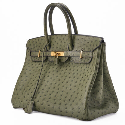 HERMES Birkin 35 Handbag Ostrich Riken Lichen Gold-Tone Hardware Pre-Owned - Vintage La Charme