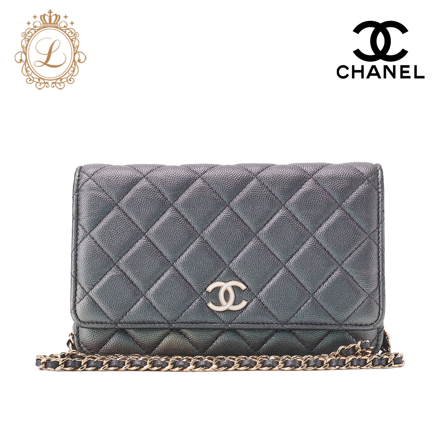CHANEL Chain Wallet Matelasse Caviar Leather Sparkle Black Gold-Tone Hardware Pre-Owned - Vintage La Charme