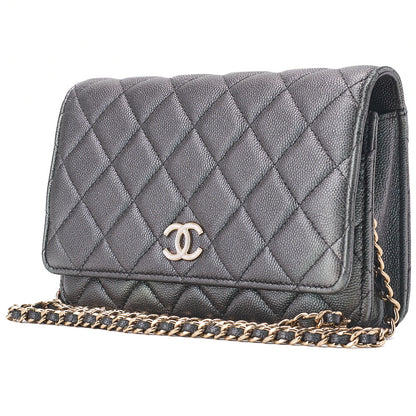 CHANEL Chain Wallet Matelasse Caviar Leather Sparkle Black Gold-Tone Hardware Pre-Owned - Vintage La Charme