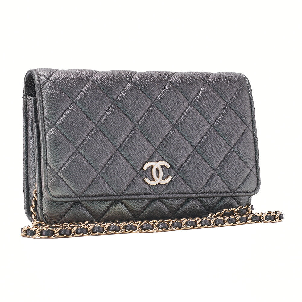 CHANEL Chain Wallet Matelasse Caviar Leather Sparkle Black Gold-Tone Hardware Pre-Owned - Vintage La Charme