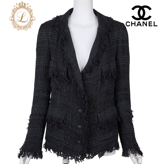 CHANEL Jacket, Coco Button, Long Sleeve, Cut-and-Sew, Fabric, Black Green, Gold-Tone Hardware, Pre-Owned - Vintage La Charme