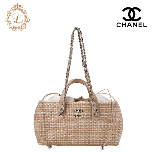 CHANEL Shoulder Bag, Matelasse, 2WAY, Raffia, Beige, Silver-Tone Hardware, Pre-Owned - Vintage La Charme