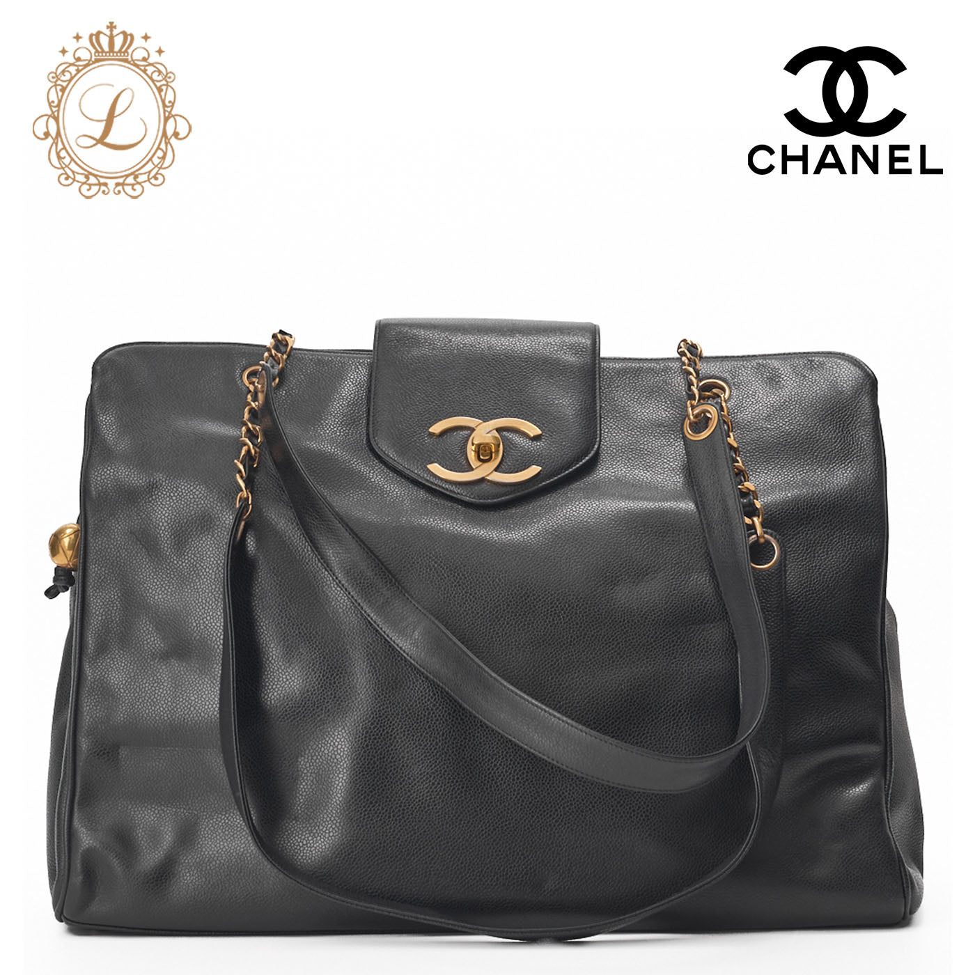 Chanel Shoulder Bag Supermodel Coco Mark Deca Coco Double Chain Shoulder Caviar Skin Black Gold-Tone Hardware Pre-Owned - Vintage La Charme