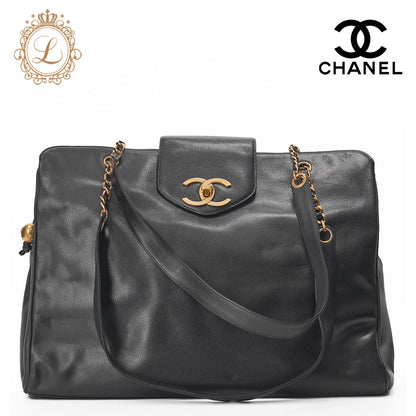 Chanel Shoulder Bag Supermodel Coco Mark Deca Coco Double Chain Shoulder Caviar Skin Black Gold-Tone Hardware Pre-Owned - Vintage La Charme
