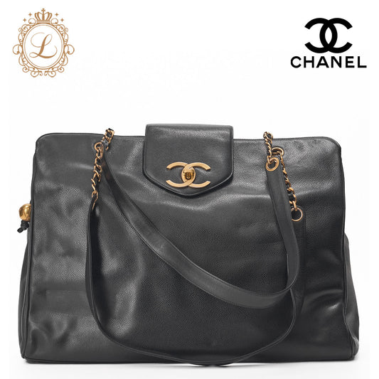 Chanel Shoulder Bag Supermodel Coco Mark Deca Coco Double Chain Shoulder Caviar Skin Black Gold-Tone Hardware Pre-Owned - Vintage La Charme