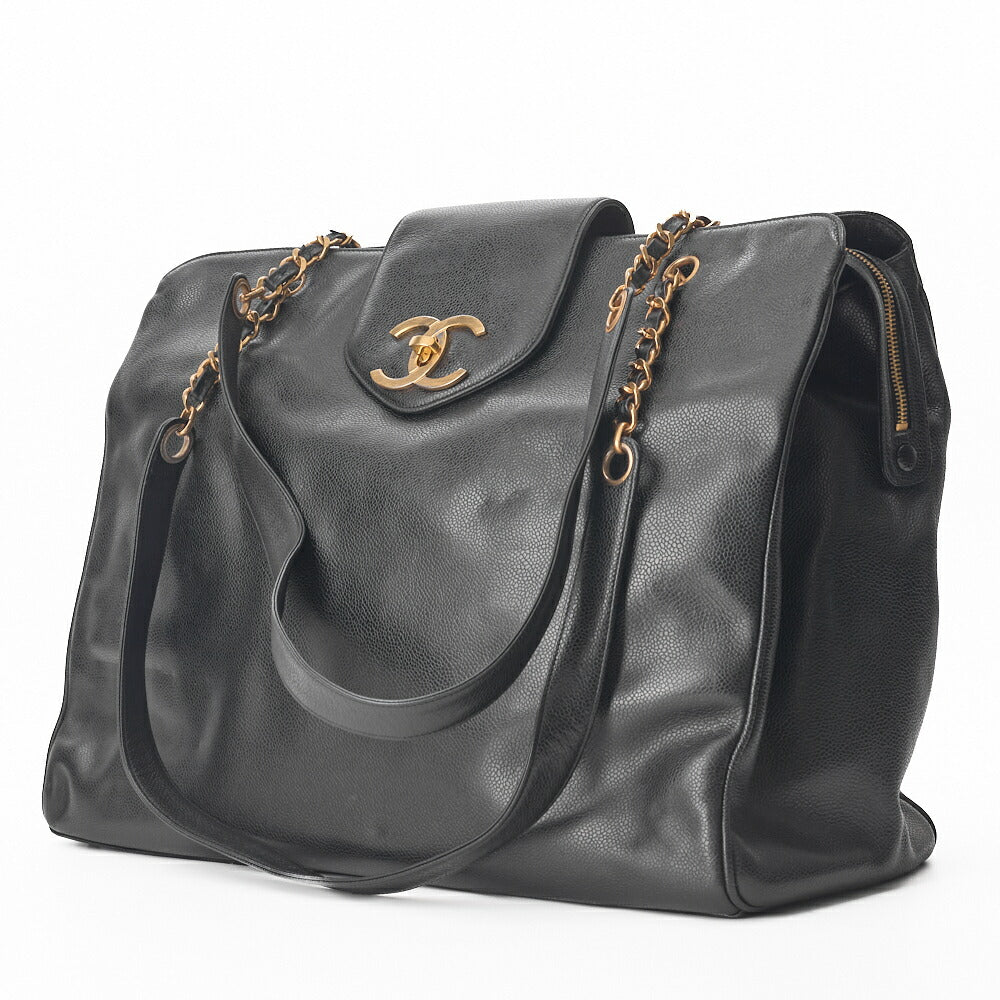 Chanel Shoulder Bag Supermodel Coco Mark Deca Coco Double Chain Shoulder Caviar Skin Black Gold-Tone Hardware Pre-Owned - Vintage La Charme