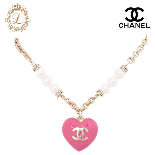 CHANEL Necklace, Coco Mark Heart, Gold Plated, Pink, Gold-Tone Hardware, Pre-Owned - Vintage La Charme