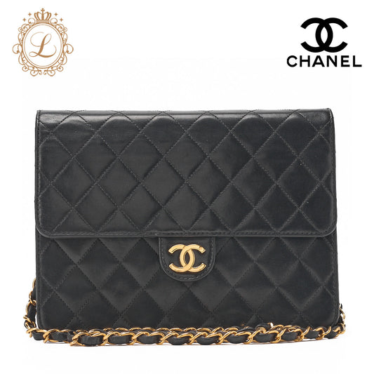 CHANEL Shoulder Bag, Matelasse Push Lock Chain Shoulder, Lambskin, Black, Gold-Tone Hardware, Pre-Owned - Vintage La Charme