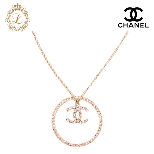 Chanel Necklace, Coco Mark Circle, Rhinestone, Gold Plated, Pink, Gold-Tone Hardware, Pre-Owned - Vintage La Charme