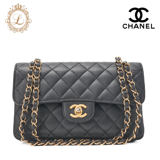 CHANEL Shoulder Bag Matelasse Turn Lock Double Flap Caviar Skin Black Gold-Tone Hardware Pre-Owned - Vintage La Charme