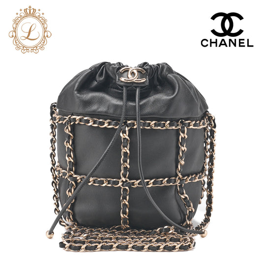 Chanel Shoulder Bag Coco Mark Drawstring Type Lambskin Black Gold-Tone Hardware Pre-Owned - Vintage La Charme