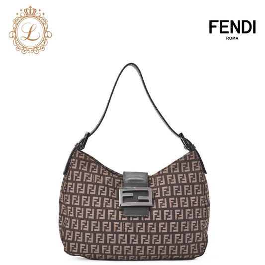 Fendi One Shoulder Bag, Zucchino Canvas, Leather, Brown, Silver-Tone Hardware, Pre-Owned - Vintage La Charme