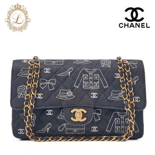 CHANEL Shoulder Bag, Matelasse W Flap 25 Icon Print, Canvas, Black, Gold-Tone Hardware, Pre-Owned - Vintage La Charme