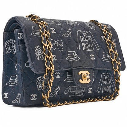 CHANEL Shoulder Bag, Matelasse W Flap 25 Icon Print, Canvas, Black, Gold-Tone Hardware, Pre-Owned - Vintage La Charme
