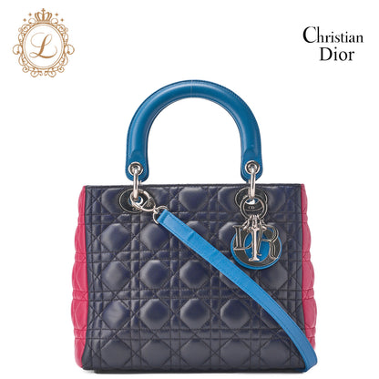 Dior Lady Dior Handbag Cannage Lambskin Multicolor Navy Gold-Tone Hardware Pre-Owned - Vintage La Charme