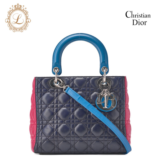 Dior Lady Dior Handbag Cannage Lambskin Multicolor Navy Gold-Tone Hardware Pre-Owned - Vintage La Charme