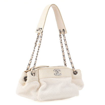 CHANEL Shoulder Bag, Coco Mark, Chain Shoulder, Cotton Python, White, Silver-Tone Hardware, Pre-Owned - Vintage La Charme