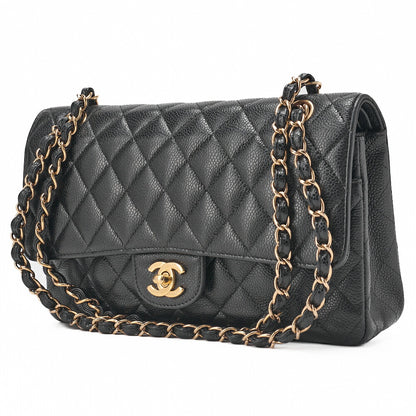 CHANEL Chain Shoulder Bag Matelasse Double Flap Caviar Skin Black Gold-Tone Hardware Pre-Owned - Vintage La Charme