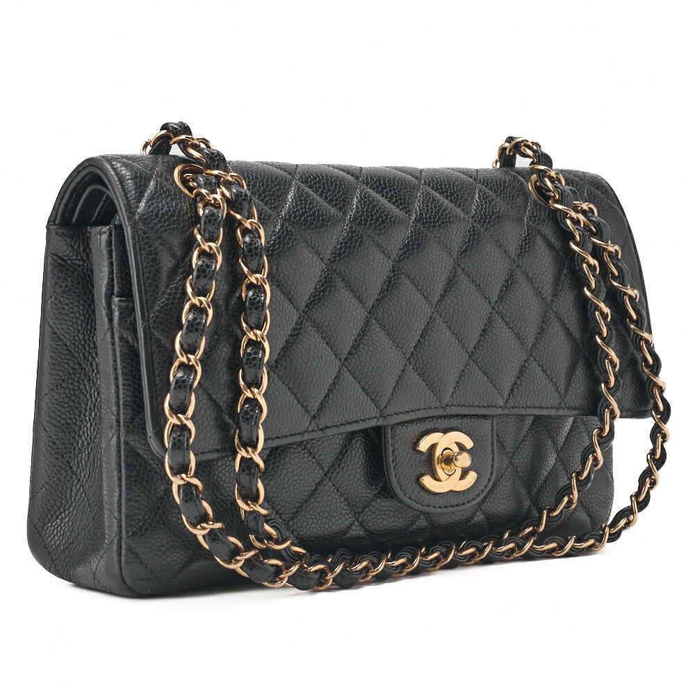 CHANEL Chain Shoulder Bag Matelasse Double Flap Caviar Skin Black Gold-Tone Hardware Pre-Owned - Vintage La Charme