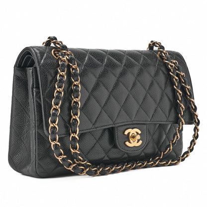 CHANEL Chain Shoulder Bag Matelasse Double Flap Caviar Skin Black Gold-Tone Hardware Pre-Owned - Vintage La Charme