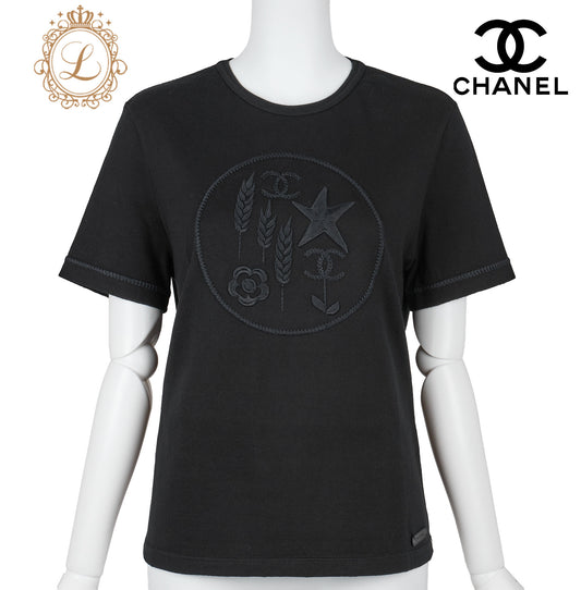 CHANEL T-shirt, Coco Mark Star Embroidery, Short Sleeve, Cotton, Black, Gold-Tone Hardware, Pre-Owned - Vintage La Charme