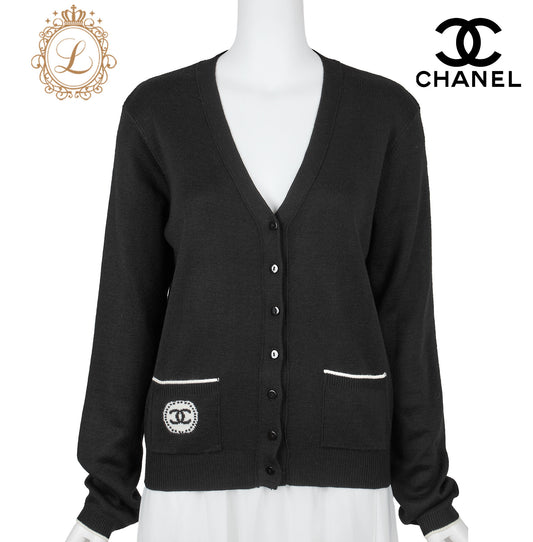 CHANEL Cardigan, Long Sleeve, Cut and Sew, Wool Blend, Black, Silver-Tone Hardware, Pre-Owned - Vintage La Charme