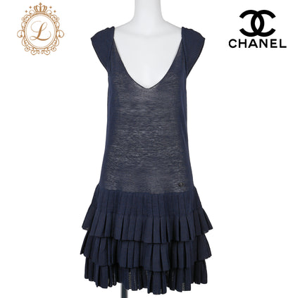 CHANEL Dress, Ruffle, Knit, Linen, Navy, Gold-Tone Hardware, Pre-Owned - Vintage La Charme