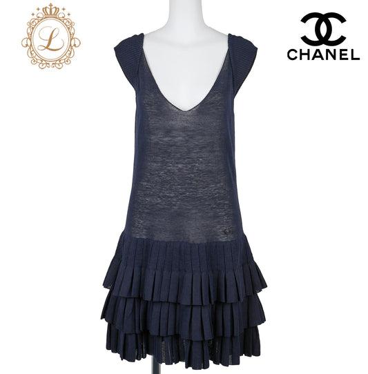 CHANEL Dress, Ruffle, Knit, Linen, Navy, Gold-Tone Hardware, Pre-Owned - Vintage La Charme
