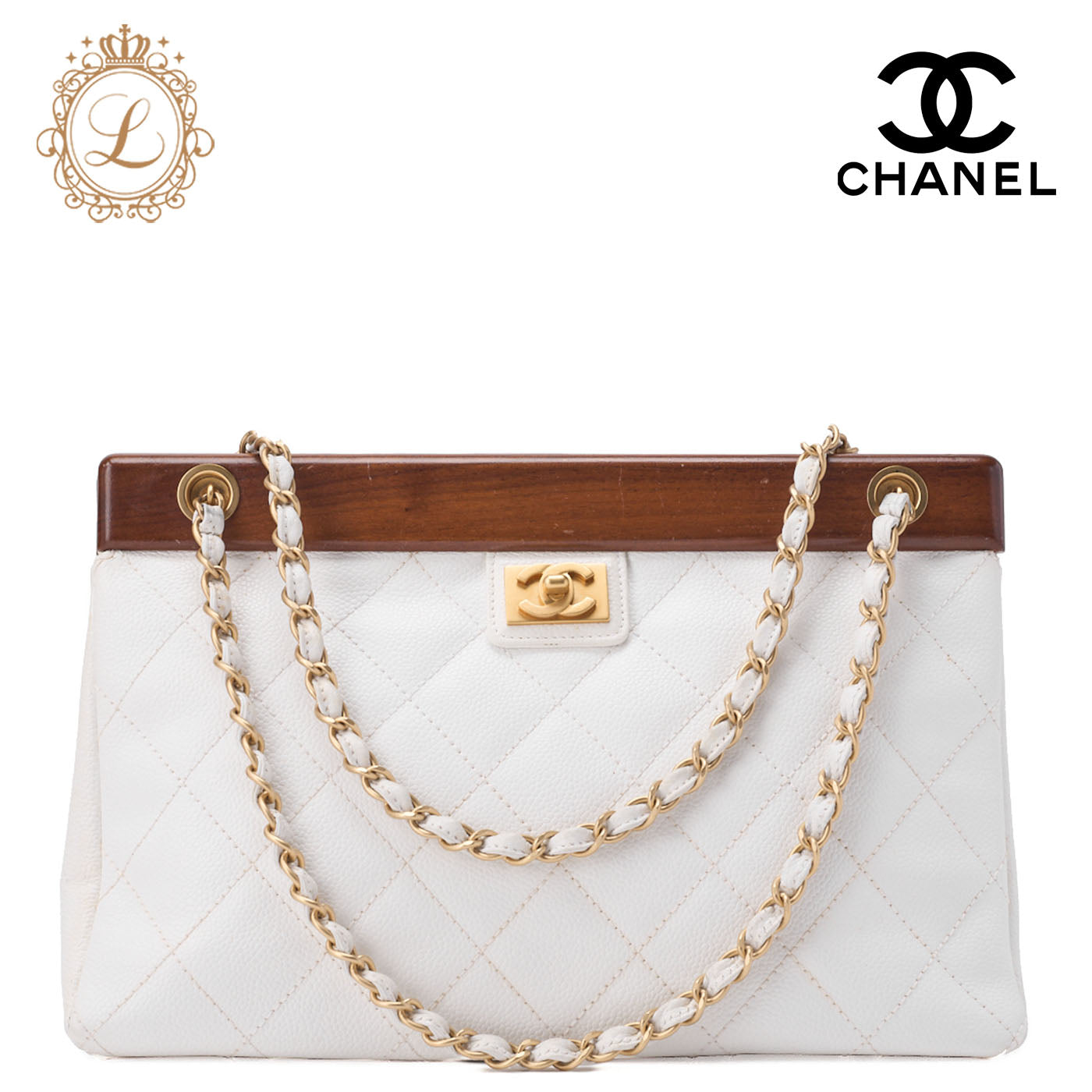 CHANEL Shoulder Bag Matelasse Coco Mark Wood Gamaguchi Caviar Skin White Gold-Tone Hardware Pre-Owned - Vintage La Charme