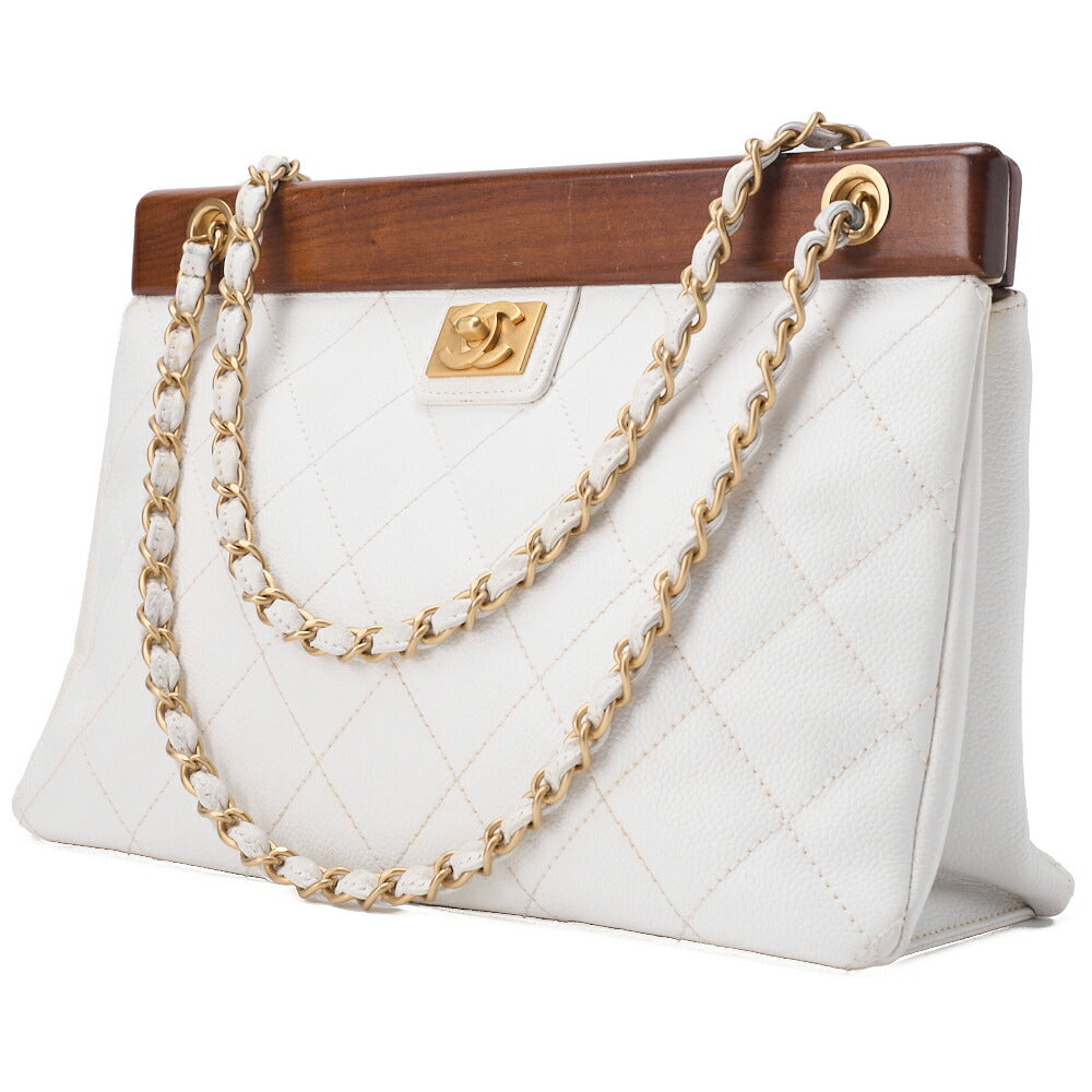 CHANEL Shoulder Bag Matelasse Coco Mark Wood Gamaguchi Caviar Skin White Gold-Tone Hardware Pre-Owned - Vintage La Charme