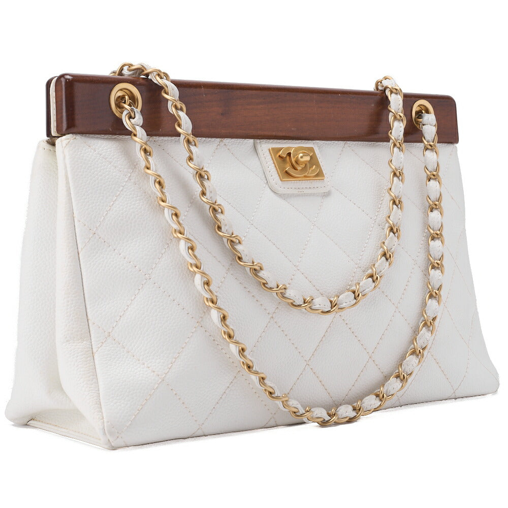 CHANEL Shoulder Bag Matelasse Coco Mark Wood Gamaguchi Caviar Skin White Gold-Tone Hardware Pre-Owned - Vintage La Charme