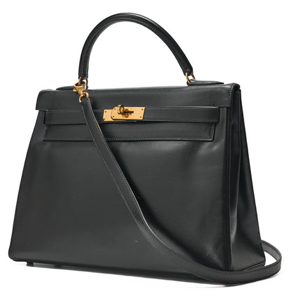 HERMES Kelly 32 Handbag Inseam Box Calf Black Gold-Tone Hardware, Pre-Owned