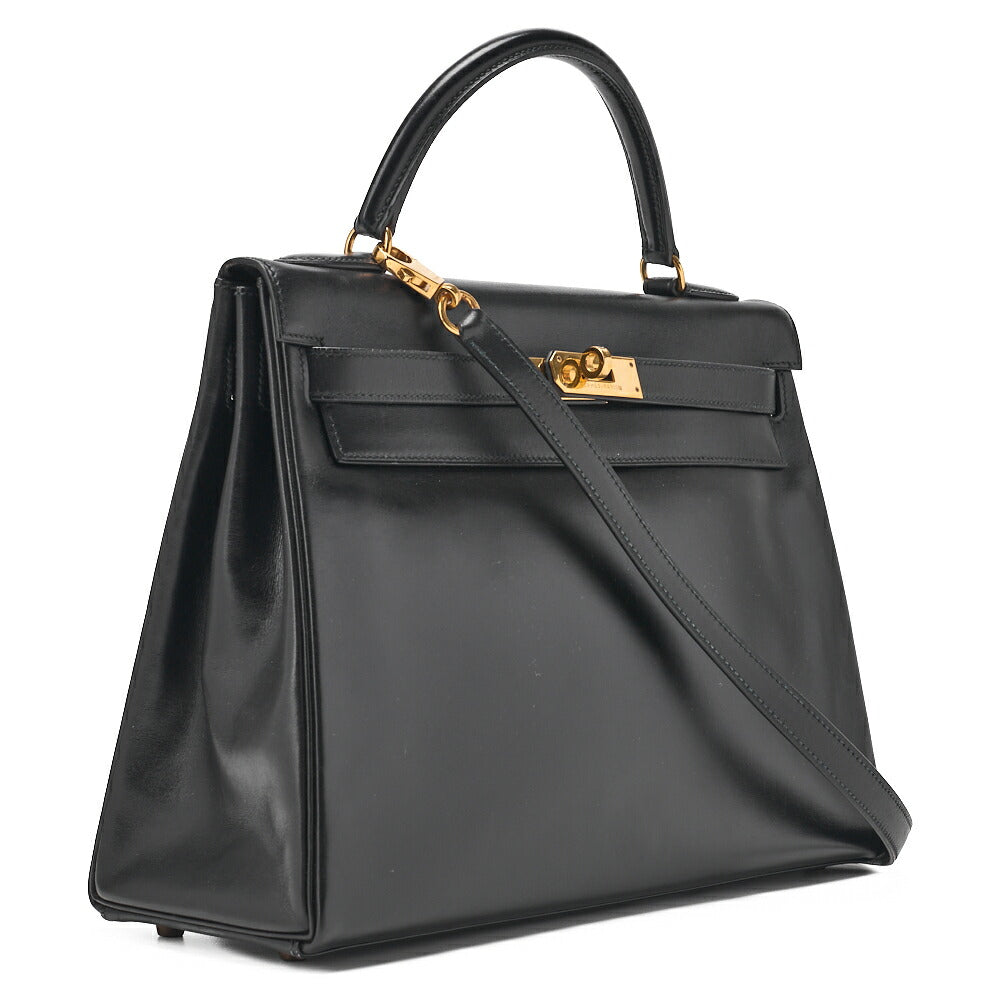 HERMES Kelly 32 Handbag Inseam Box Calf Black Gold-Tone Hardware, Pre-Owned