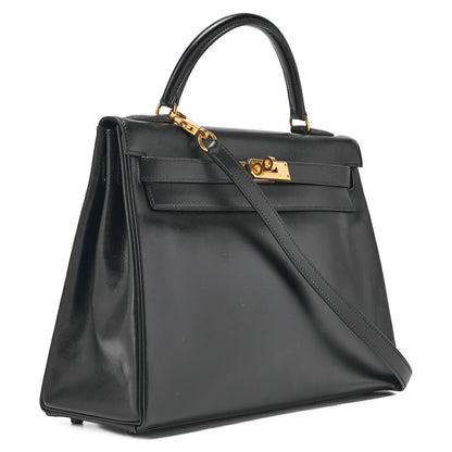 HERMES Kelly 32 Handbag Inseam Box Calf Black Gold-Tone Hardware, Pre-Owned