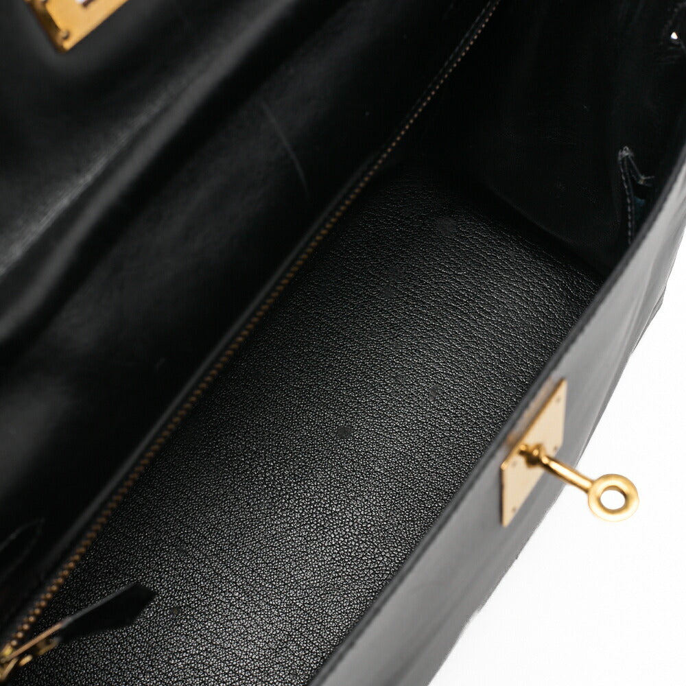 HERMES Kelly 32 Handbag Inseam Box Calf Black Gold-Tone Hardware, Pre-Owned