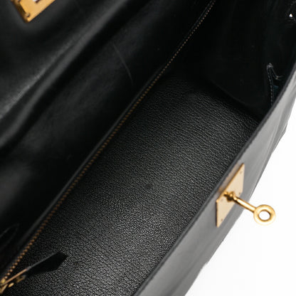 HERMES Kelly 32 Handbag Inseam Box Calf Black Gold-Tone Hardware, Pre-Owned
