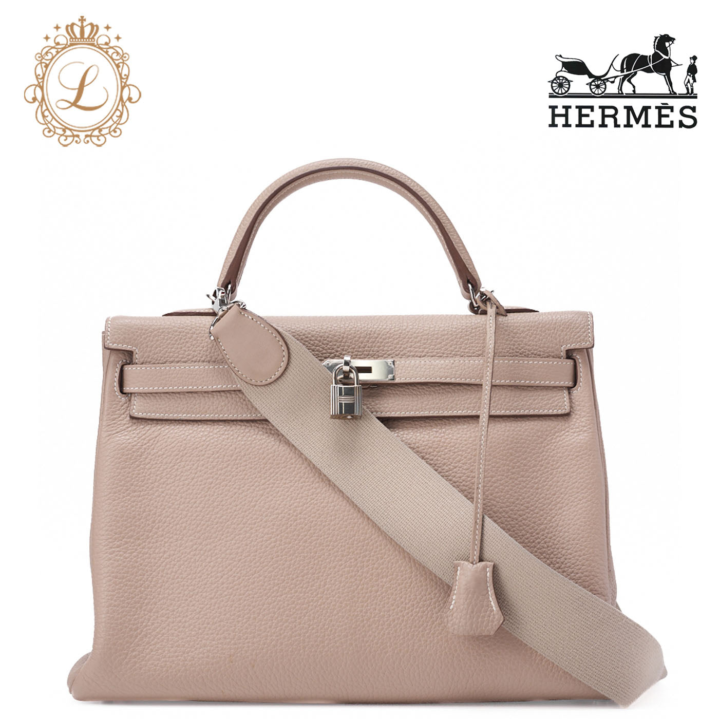 HERMES Kelly 35 Handbag 2WAY Tryon Clemence Leather Argile Silver-Tone Hardware Pre-Owned - Vintage La Charme