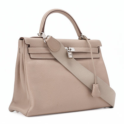 HERMES Kelly 35 Handbag 2WAY Tryon Clemence Leather Argile Silver-Tone Hardware Pre-Owned - Vintage La Charme