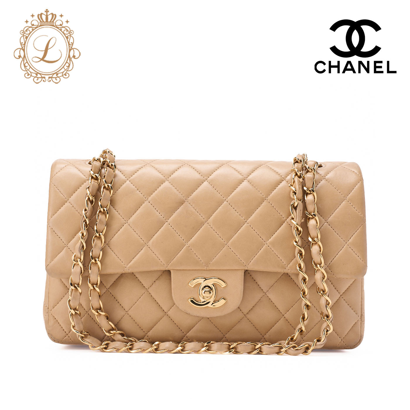 CHANEL Shoulder Bag Matelasse Double Flap Lambskin Beige Gold-Tone Hardware Pre-Owned - Vintage La Charme