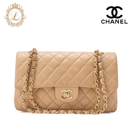 CHANEL Shoulder Bag Matelasse Double Flap Lambskin Beige Gold-Tone Hardware Pre-Owned - Vintage La Charme