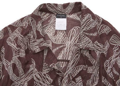 CHANEL Langarmbluse, Coco Mark Ribbon, 100 % Baumwolle, Braun, goldfarbene Metallteile, gebraucht